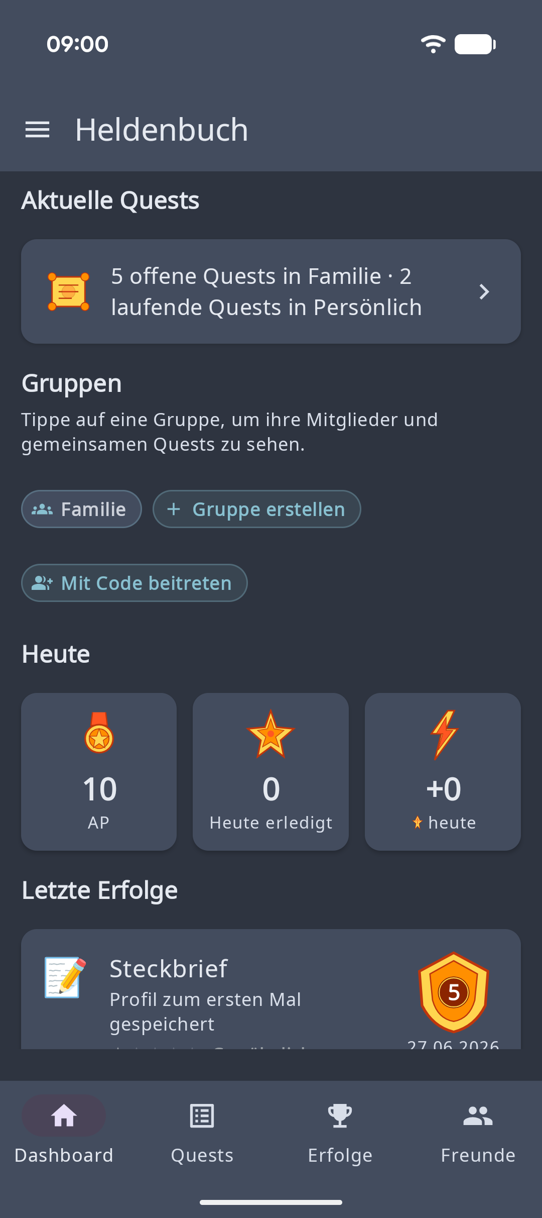 Heldenbuch App – Android – dashboard