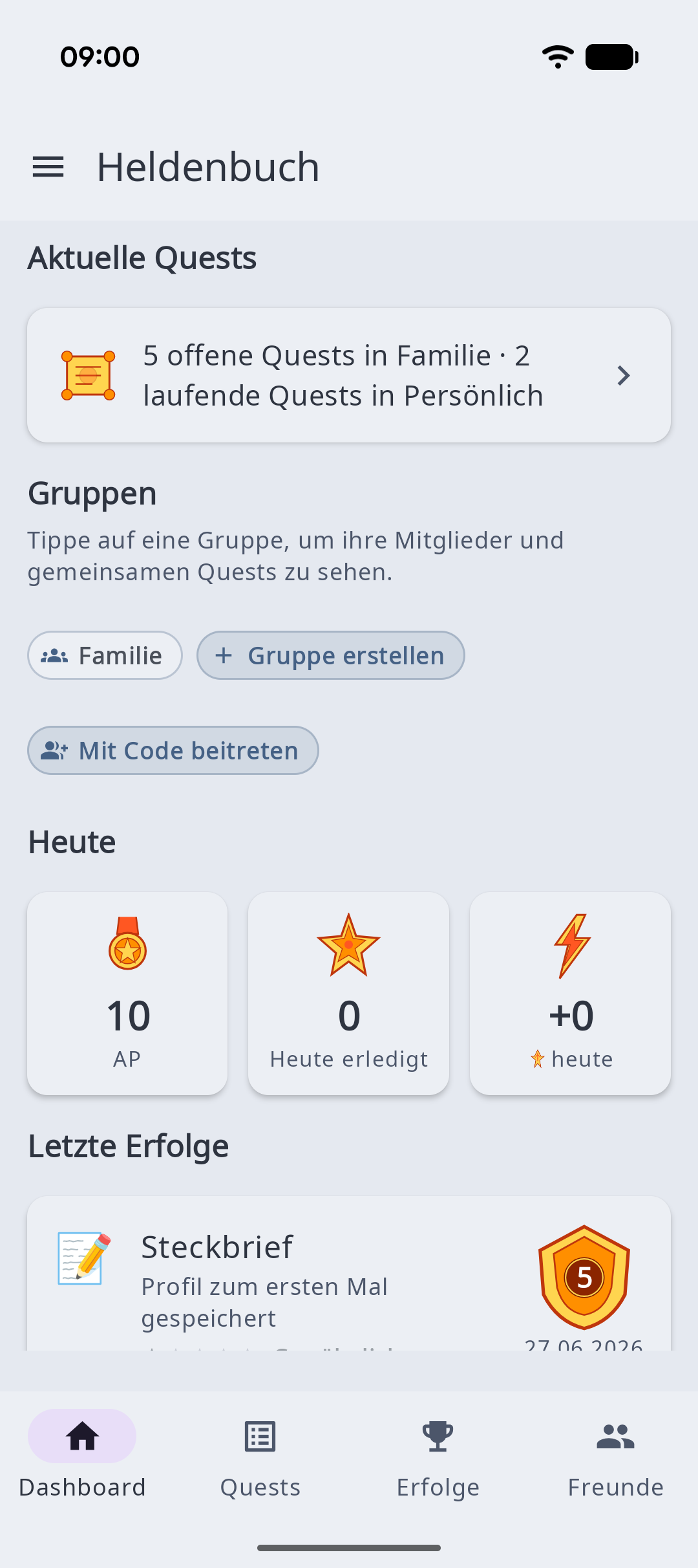 Heldenbuch App – Android – dashboard