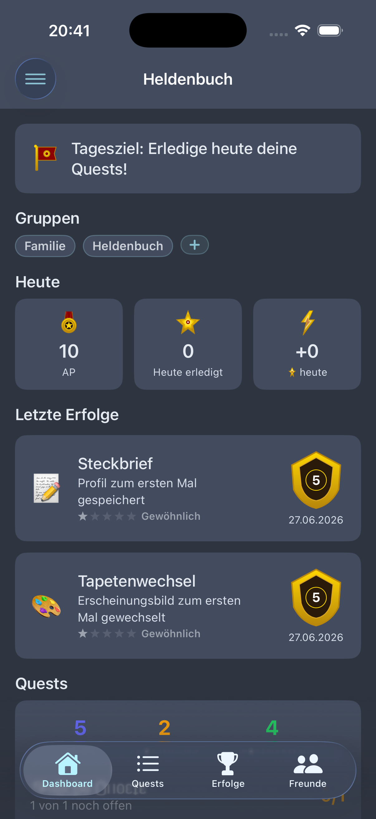 Heldenbuch App – iPhone – dashboard