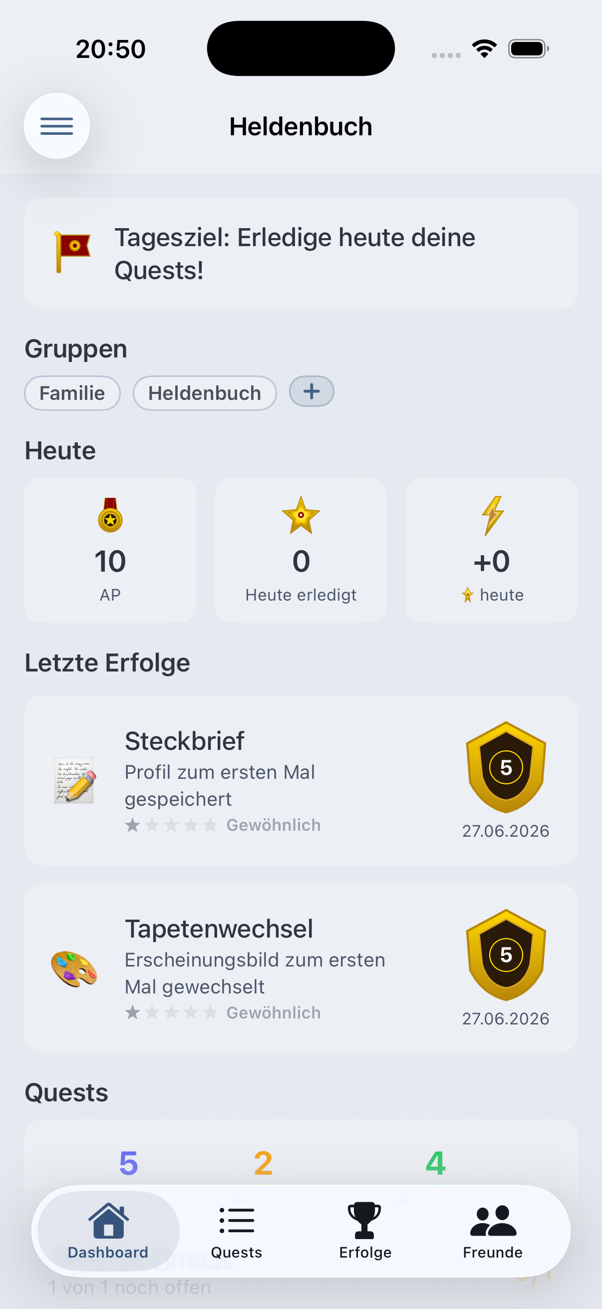 Heldenbuch App – iPhone – dashboard